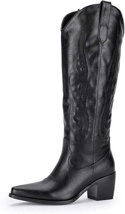 Pasuot Western Cowboy Boots for Women - Knee High Wide Calf Cowgirl Boots with Classic Embroidered, Slip On Pointed Toe Chunky Heel Fashion Retro Classic Pull On Tall Boot for Girls Ladies Fall Winter