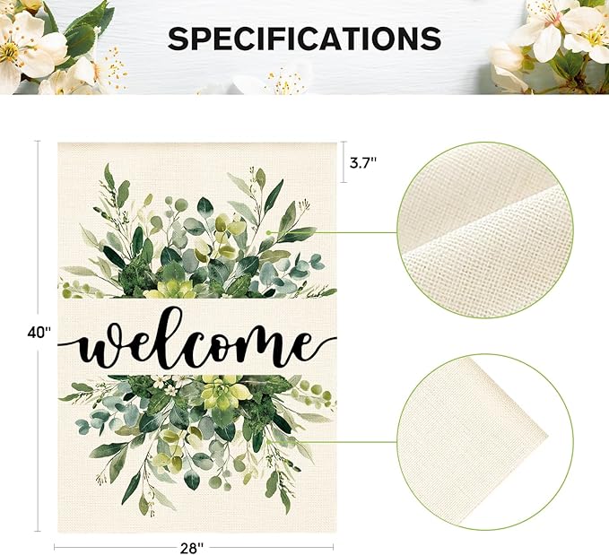 AVOIN colorlife Spring Summer Floral Welcome House Flag 28x40 Inch Double Sided Outside, Eucalyptus Seasonal Farmhouse Yard Outdoor Flag