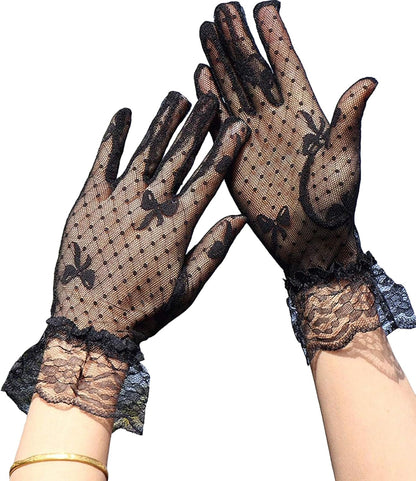 Women Lace Gloves Party Wedding Tea Party Glove Black Bow Short Gloves for Opera Evening Bridal Elegant Accessories
