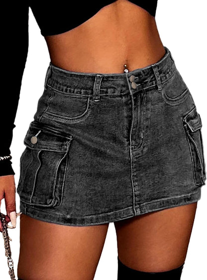 High Stretchy Denim Cargo Skort for Women, High Waist, Casual Mini Y2K Jean Skirt Shorts with Pockets