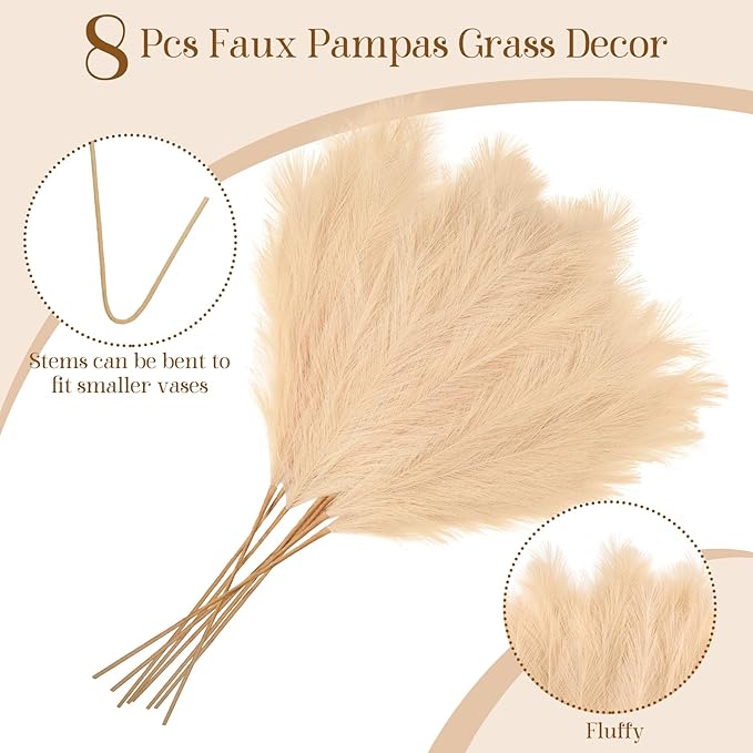 Ouddy Decor 8 Pcs Faux Pampas Grass Decor 38''/97cm Tall Artificial Large Pompous Pompas Floral Fluffy Fake Plants Floor Vase Filler for Wedding Kitchen Home Boho Decorations, Deep Beige