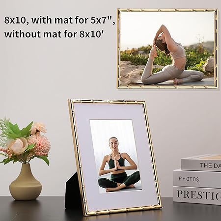 8x10'' Bamboo Detail Gold Metal Picture Frame with Acid Free Mat for 5x7'' Set of 2, Narrow Gold Plated Photo Frames 5 x7'' With Soft Touch Velvet Backing for Desktop and Wall Decor(Dark Gold)
