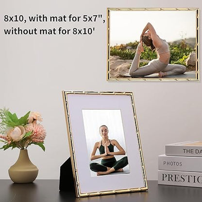 8x10'' Bamboo Detail Gold Metal Picture Frame with Acid Free Mat for 5x7'' Set of 2, Narrow Gold Plated Photo Frames 5 x7'' With Soft Touch Velvet Backing for Desktop and Wall Decor(Dark Gold)