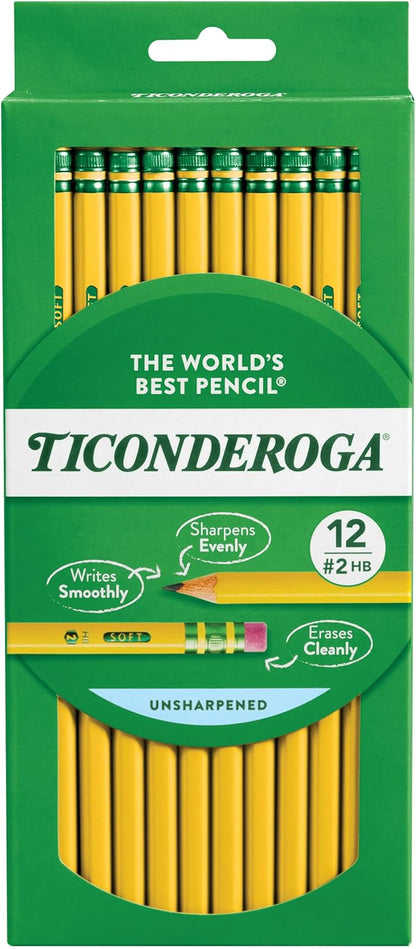Ticonderoga Wood-Cased Pencils, Unsharpened, 2 HB Soft, Yellow, 12 Count