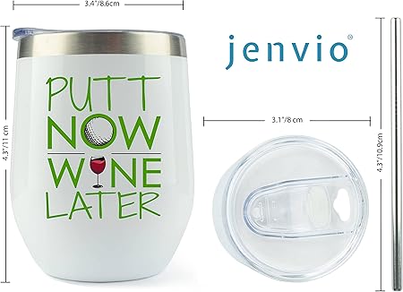 JENVIO Golf Gifts for Women  White Stainless Steel Wine Tumbler Sliding Lid and Straw  Funny Female Themed Stuff for Golfers Christmas Gift (12 Ounce)