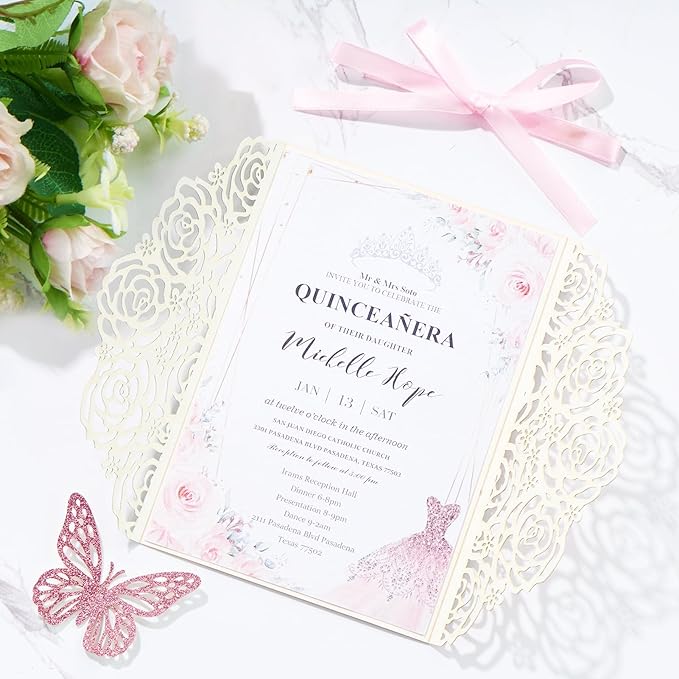 50PCS Pink Wedding Invitations Laser Cut Invitation with Envelopes and Rsvp Card Personalized Inner Sheets for Wedding Bridal Baby Shower QuinceañEra Engagement Birthday