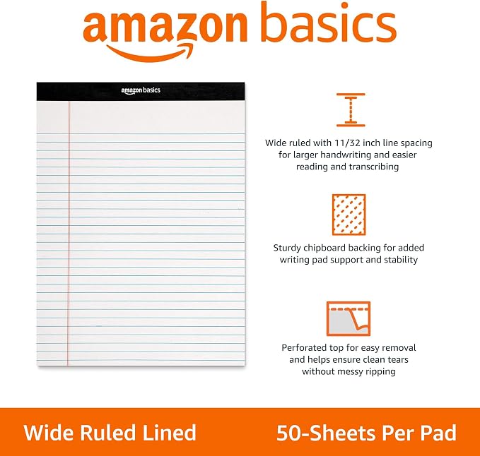 Basics Wide Ruled Lined Writing Note Pads for Office Supplies, 8.5" x 11.75", White, 12-Pack of 50 Perforated Sheets