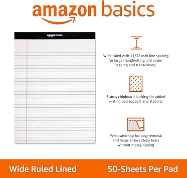 Basics Wide Ruled Lined Writing Note Pads, 8.5 inch x 11.75 inch, White, 12 Count (12 Pack of 50)