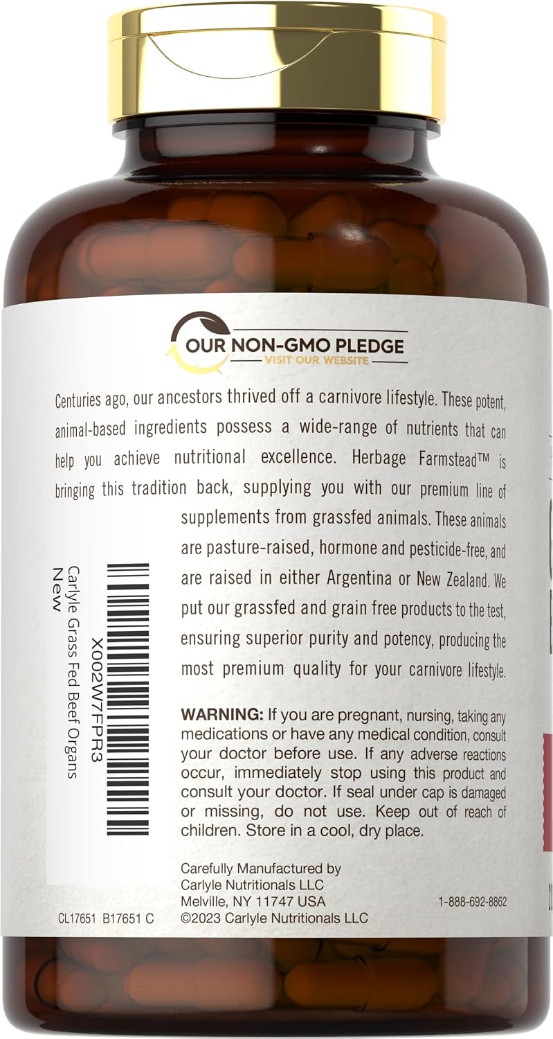 Carlyle Grass Fed Beef Organ Complex | 200 Capsules | Pasture Raised, Grain Free Supplement | with Desiccated Liver, Kidney, Pancreas, Heart, Spleen | Non-GMO, Gluten Free | by Herbage Farmstead (Sealed product, but the bottle has dents)