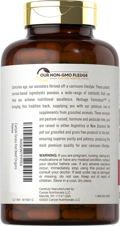 Carlyle Grass Fed Beef Organ Complex | 200 Capsules | Pasture Raised, Grain Free Supplement | with Desiccated Liver, Kidney, Pancreas, Heart, Spleen | Non-GMO, Gluten Free | by Herbage Farmstead (Sealed product, but the bottle has dents)