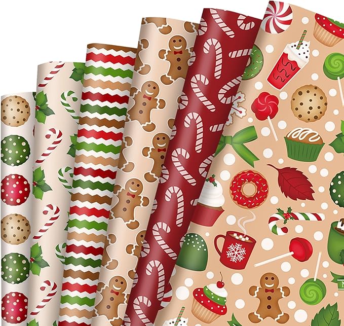 Generic AnyDesign 12 Sheets Christmas Wrapping Paper - Not Roll - Gingerbread Man Candy Canes Gift Wrap Paper Folded Flat Xmas DIY Art Craft Paper for Birthday Holiday Party, 19.7 x 27.6 Inch