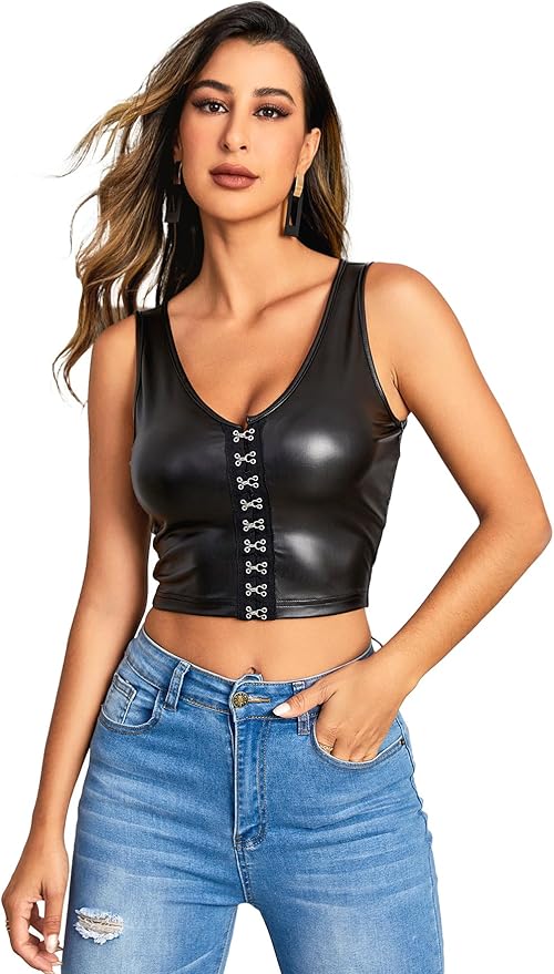Floerns Women's PU Leather V Neck Solid Sleeveless Camisole Crop Tank Top
