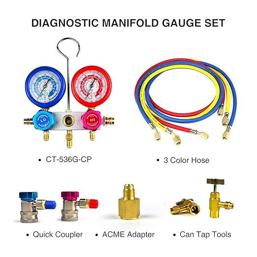 FAVORCOOL CT-136G 3-Way AC Diagnostic Manifold Gauge Set with Case for Freon Charging, fits R410A, R134A, R22 Refrigerants, Aluminum Body, Sight Glass