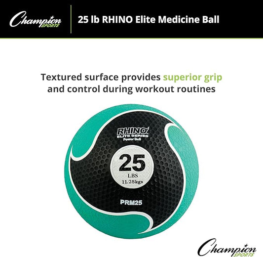 Champion Sports Rhino Elite Medicine Ball – Textured Surface, Superior Grip, Hollow Synthetic Rubber for Consistent Bounce & Durability, Multiple Weights & Colors - Optional Rebounder Sold Separately