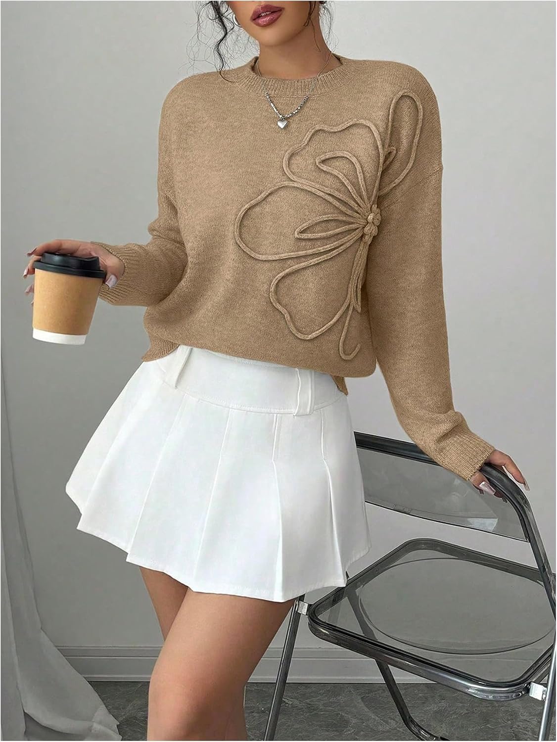 RoseSeek Women's 3D Floral Appliques Crewneck Sweaters Long Sleeve Drop Shoulder Pullovers Elegant Knit Tops