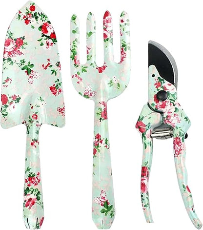 Gardening Tools Set, Garden Tool Set, 3Pcs Gardening Gifts for Women, Gardening Tools with Floral Print, Including Trowel, Pruner, Hand Rake