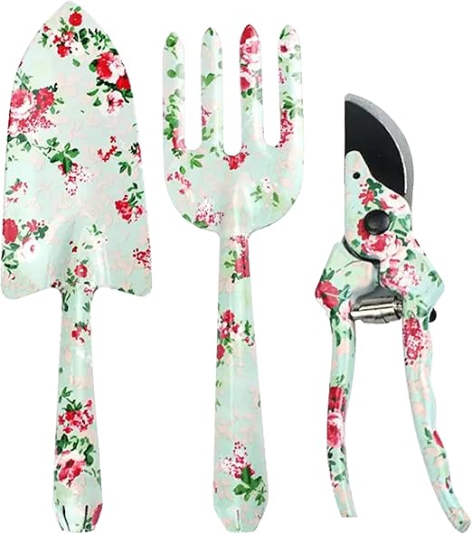 Gardening Tools Set, Garden Tool Set, 3Pcs Gardening Gifts for Women, Gardening Tools with Floral Print, Including Trowel, Pruner, Hand Rake