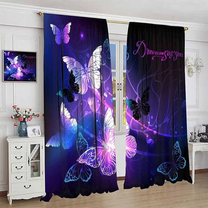 Butterfly Window Curtain, Purple Fantasy Dream Butterfly Curtains for Girls Kids Bedroom Bedroom Nursery Room Living Room 52" W X 84" L