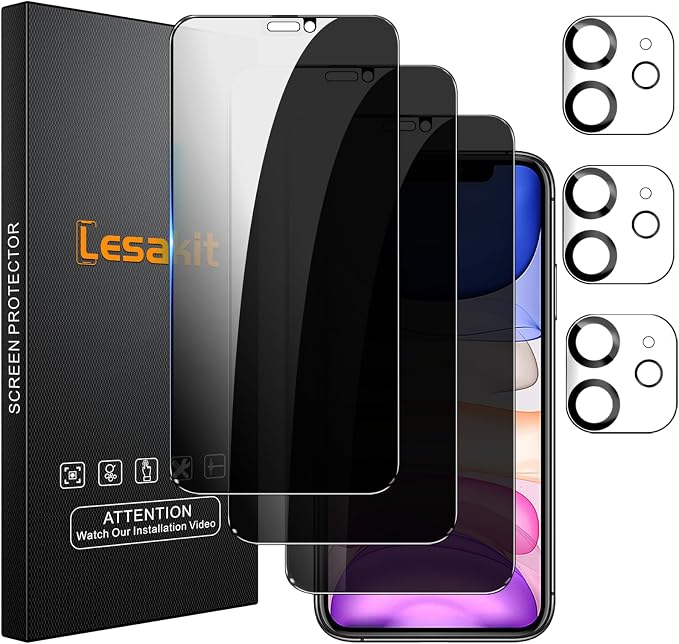 Lesakit 3+3 Pack Privacy Screen Protector for iPhone 11 6.1-Inch with 3 Pack Camera Lens Protector, Anti Spy Tempered Glass Film 9H Hardness Bubble Free Case Friendly