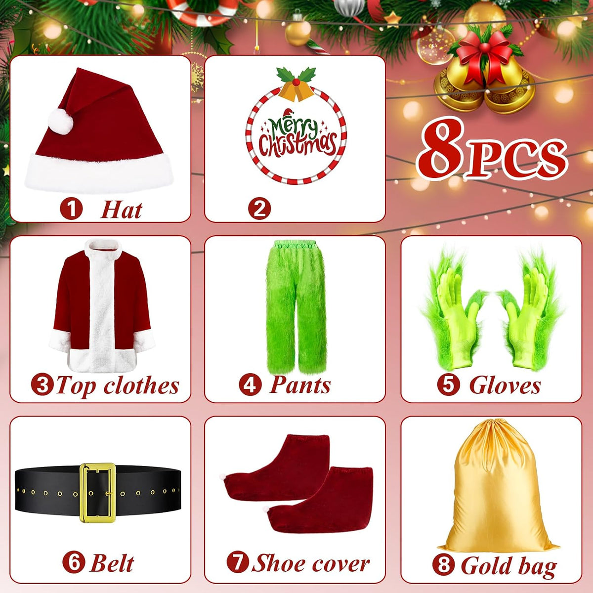 Halloween Costumes Adult, Green Costume 8PCS Christmas Santa Claus Costume for Men Cosplay Costume With Mask