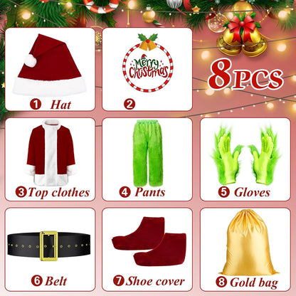 Halloween Costumes Adult, Green Costume 8PCS Christmas Santa Claus Costume for Men Cosplay Costume With Mask
