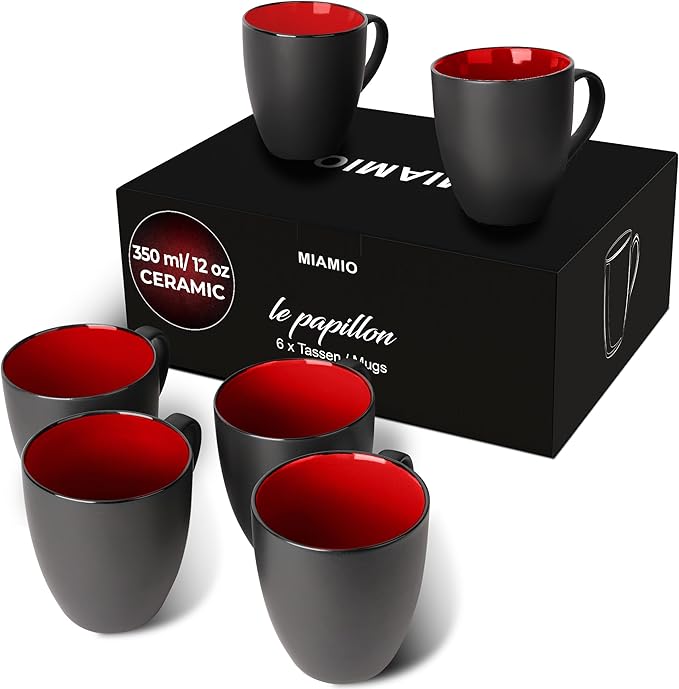MIAMIO - Coffee Mugs Set of 6 (12 oz) - Le Papillon (Red) - Daily Table Set Ceramic coffee mugs for coffee, cappuccino and tea, 12 oz for everyday use - dishwasher safe - practical for daily use