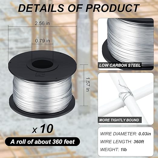 Shimeyao 10 Rolls Rebar Tie Wire Tool 132" 0.8 mm 360 ft Rebar Gun Tie Wire Coil for Automatic Twister Machine, 3600 ft Totally
