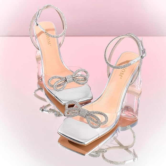ISNOM Clear Heels for Women with Square Toe, Wedding Heels with Bow | Chunky Heels, Sparkly Heels, PVC, Party, Festive, Gift, Paired with Daily Wear, Wearing It All Day