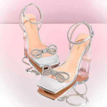 ISNOM Clear Heels for Women with Square Toe, Wedding Heels with Bow | Chunky Heels, Sparkly Heels, PVC, Party, Festive, Gift, Paired with Daily Wear, Wearing It All Day