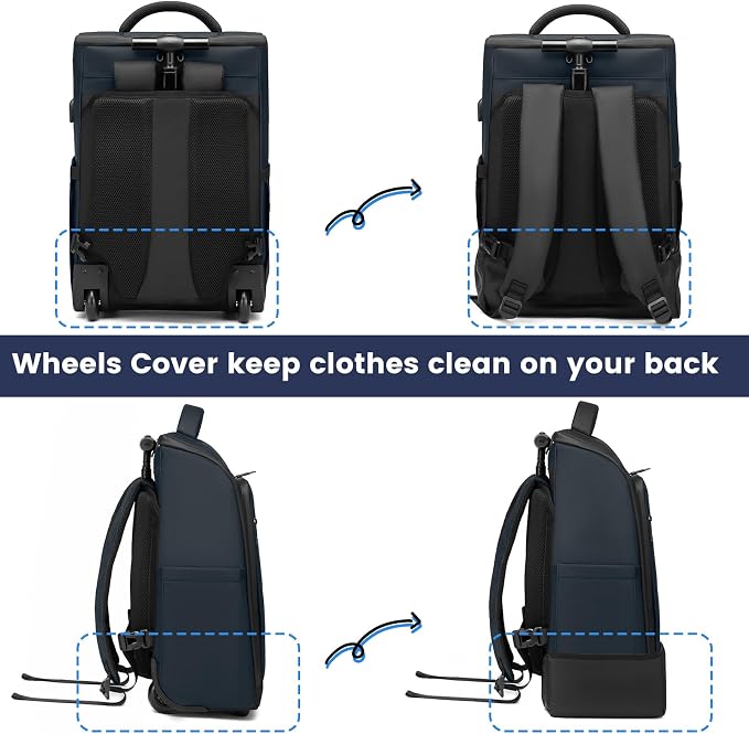 Rolling Backpack Waterproof Commuter Backpack with Wheels for Business, Laptop Compartment for 17.3-Inch Laptop, Wheeled Carry-On Bag for Adults - deep blue