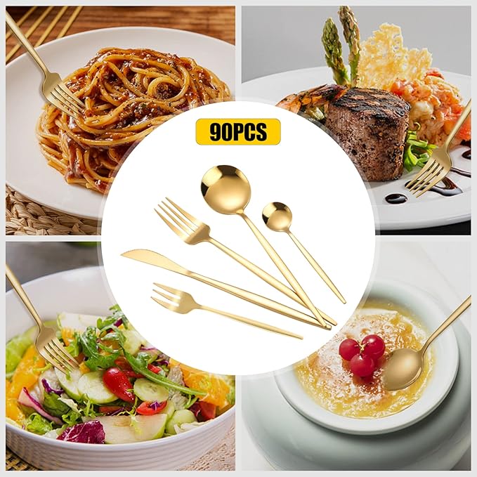 Gold Silverware Set, 90 Piece Golden Cutlery Set Service for 18, Stainless Steel Flatware Set Include Spoons Forks Knives Tableware Utensil Set, Mirror Polished, Dishwasher Safe