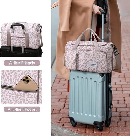 WOOMADA Foldable Travel Duffel Bag with Shoes Compartment, Overnight Bag with Wet Pocket  Trolley Sleeve, Weekender Bags for Women(A-pink leopard)