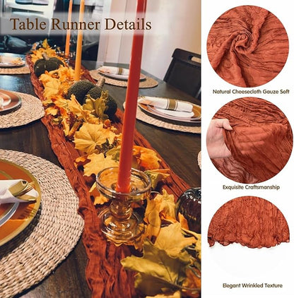 1 Pack Cheesecloth Table Runner, 10FT 35x120 inch Rust Red Table Cloth, Boho Rustic Gauze Dusty for Baby Shower Decor, Mothers Day, Bridal Shower, Wedding, Thanksgiving, Christmas, Birthday Decor