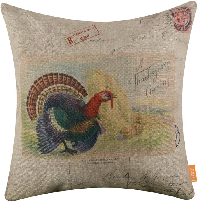 18x18 inches A Thanksgiving Greetings Turkey Autumn Burlap Throw Cushion Cover Pillow Cover CC1380