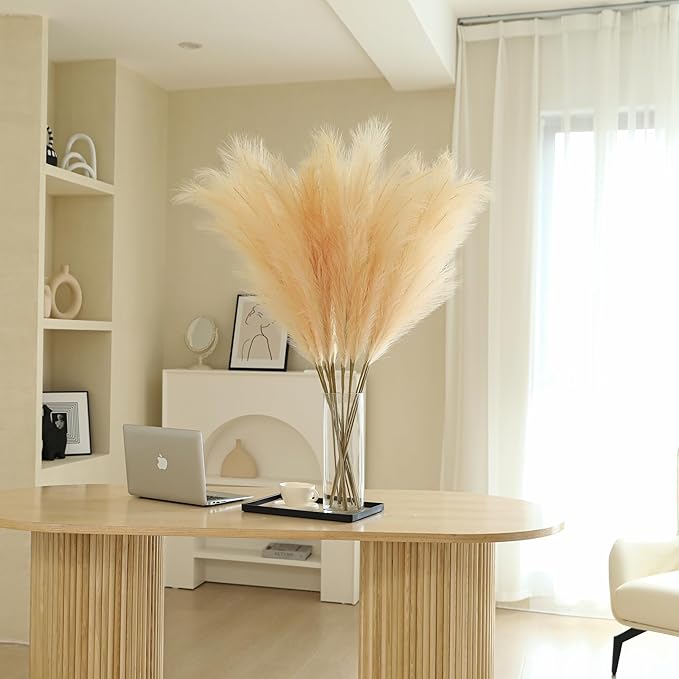 Champagne Faux Pampas Grass - 45-Inch Set of 8 | Boho Home Decor | Tall Artificial Pompas Floral Soft and Fluffy | Perfect for Wedding Centerpieces, Farmhouse and Baby Shower Decorations