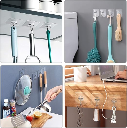 Adhesive Hooks, Removable Wall Hooks 13 LB Ceiling Hooks Transparent Seamless Hooks Waterproof and Oil Proof for Cabinet Kitchen Bathroom Ceiling Office Window 10 Pack