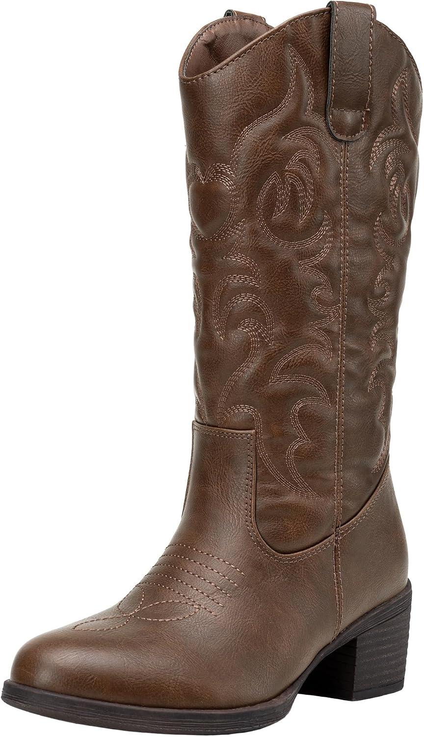 Vepose Women's Cowboy Boots Western Cowgirl Round Toe Mid Calf Boots for Women