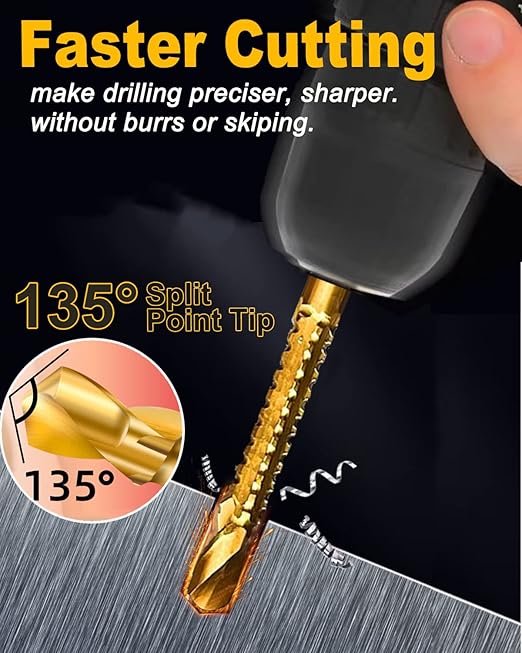 Rocaris 6 Pack Titanium Coated HSS Twist Drill Bits, 3-8mm Serrated Side Cutting Drill Bit Woodworking Tools for Plastic Metal Wood Hole