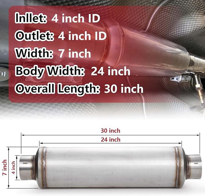 A-KARCK 4" Inlet Exhaust Resonator, 4" Inlet 4" Outlet 30" Overall Length Muffler Resonator Stainless Steel