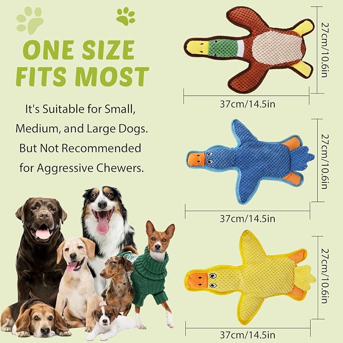 Dog Toys 3-Pack Cute Duck Shapes Puppy Toys No-Stuffing Squeaky and Crinkle Interactive Dog Chew Toy for Small to Large Breeds