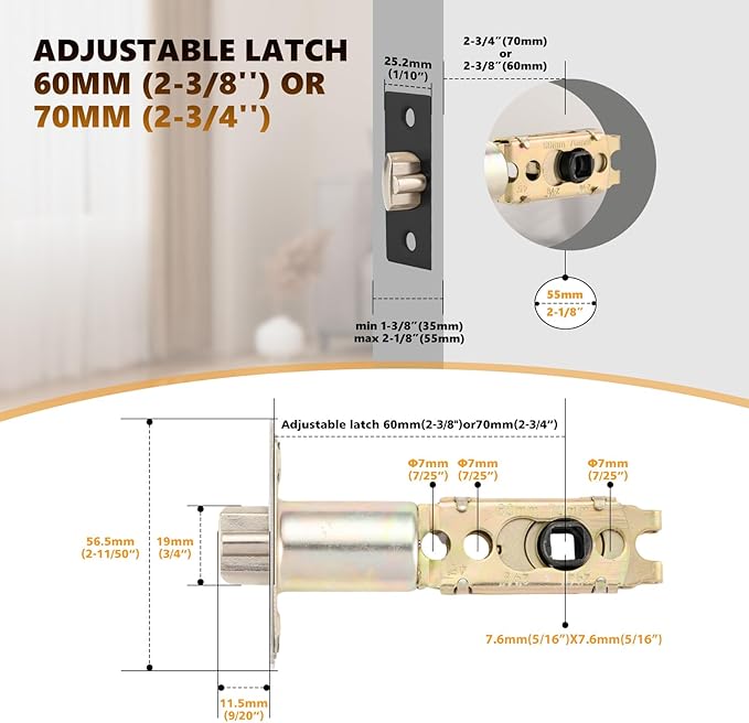 Adjustable Door Latch 2-38''(60mm)or 2-34''(70mm), 45 Turning Angle Universal Door Lock Replacement Part with 516'' Square Hole, Suitable for Interior Door and Front Door Leverset Latch.