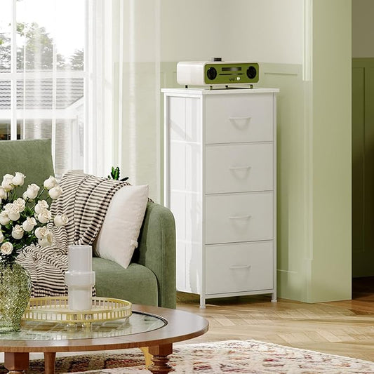 Somdot Tall Dresser for Bedroom with 4 Drawers, Storage Organizer Chest of Drawers with Removable Fabric Bins for Living Room Closet Bedside Nursery Laundry Entryway Hallway, White Leather