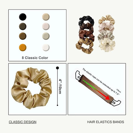 Silk Satin Scrunchy, 8pcs Scrunchies Hair Ties, Hair Elastics Bands, Ponytail Holder, Colors Elastic Hair Bands for Girls and Women  Neutral Colors
