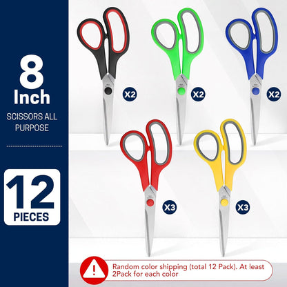 BURVAGY 8" 12 Pack All Purpose Heavy Duty Scissors- Comfort-Grip Sharp Scissors for Office School Sewing Fabric Craft High/Middle School Student Teacher Scissor, Right/Left Hand (Assorted Colors)