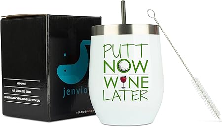 JENVIO Golf Gifts for Women  White Stainless Steel Wine Tumbler Sliding Lid and Straw  Funny Female Themed Stuff for Golfers Christmas Gift (12 Ounce)