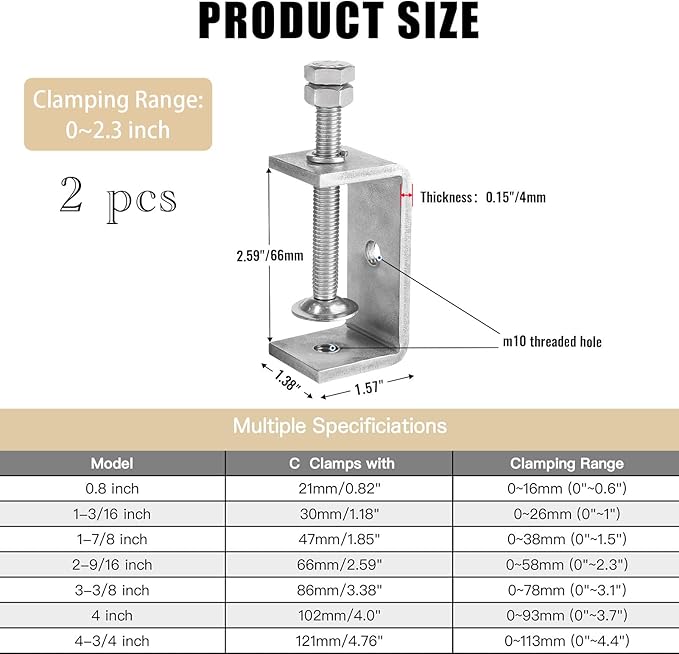 2 Pack 304 Stainless Steel C Clamp 2-916 Inch C Clamps for Woodworking and Welding Mounting,Suitable for Home and Professional Use