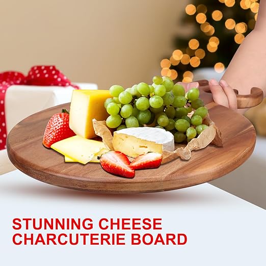 Large Round Christmas Charcuterie Boards Gifts Acacia Wood Cutting Board with Handle Decorative Wooden Xmas Cheese Board Christmas Food Platters Holiday Kitchen Decor Gifts Festive Xmas Serving Tray