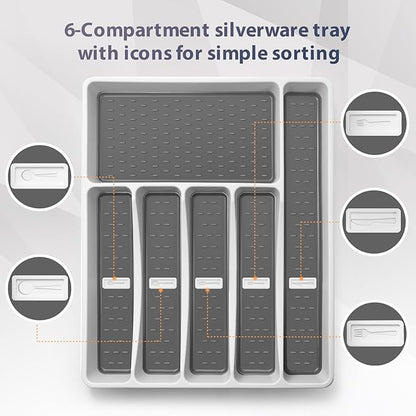 Silverware Organizer with Cutlery Icons,Silverware Tray for Kitchen Drawer,Plastic Flatware Tableware Cultery Drawer Organizer Utensil Organizer with Non-slip TPR Linings,6-Compartment