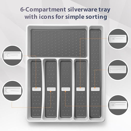 Silverware Organizer with Cutlery Icons,Silverware Tray for Kitchen Drawer,Plastic Flatware Tableware Cultery Drawer Organizer Utensil Organizer with Non-slip TPR Linings,6-Compartment