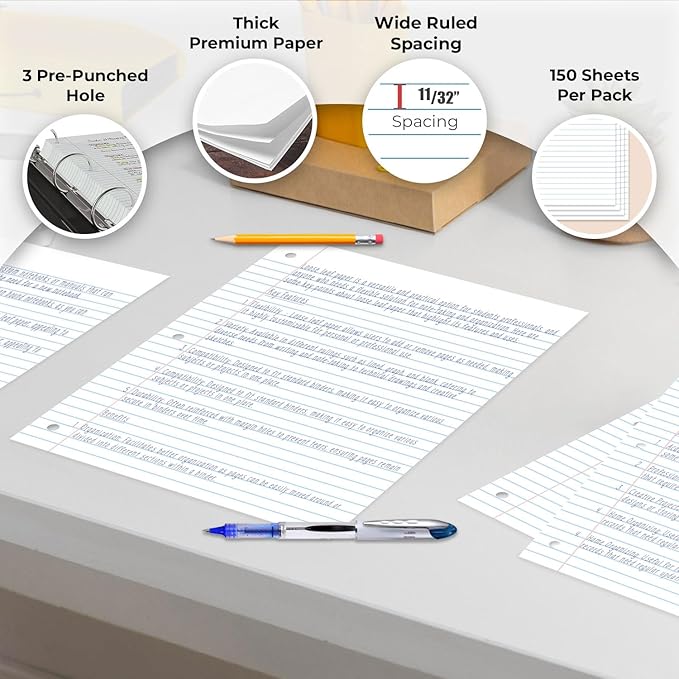 Loose Leaf Paper, 450 Sheets, 3 Pack, 56 gsm Wide Ruled Sheets, 8" x 10.5", Bulk Notebook Paper, 3 Hole Punched, 150 SheetsPack, Wide Ruled Paper for Binders, Loose Leaf Office Paper, White